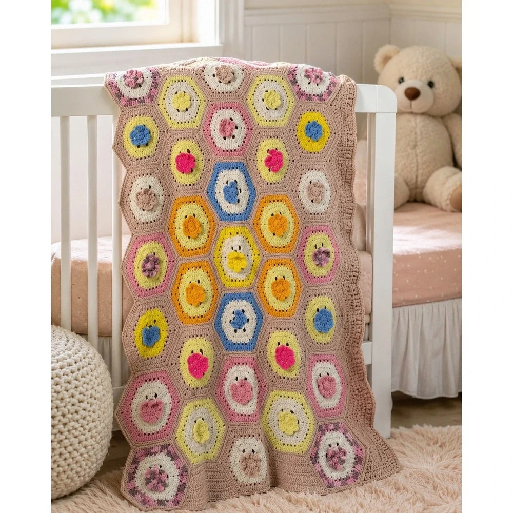 Handmade Crochet‎ Baby Blanket Flower Garden Hexagon Afghan 33x54